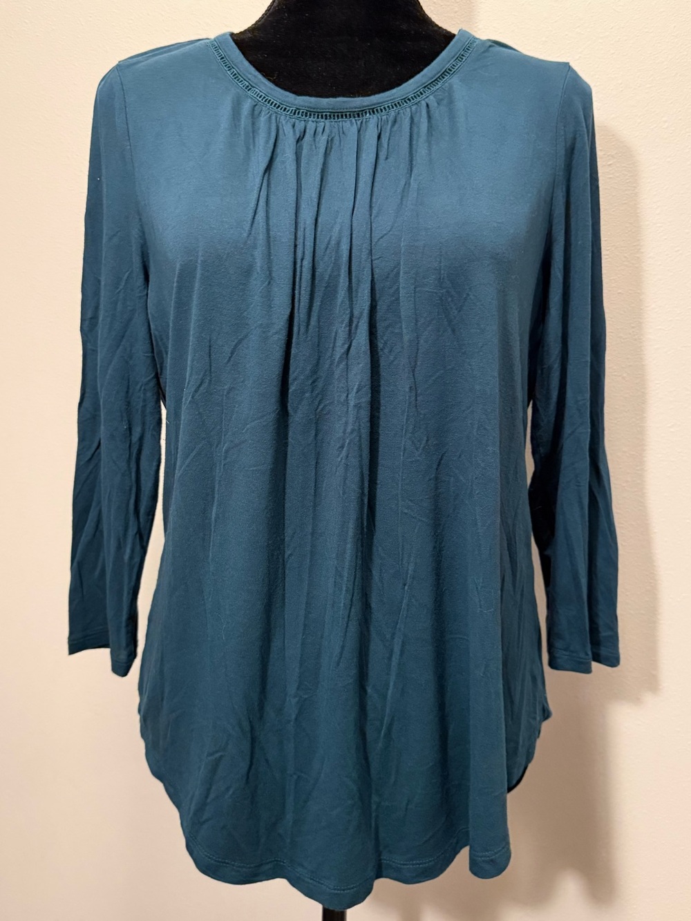 Maison Jules Teal Long-Sleeve Pleated Scoop Neck Top
